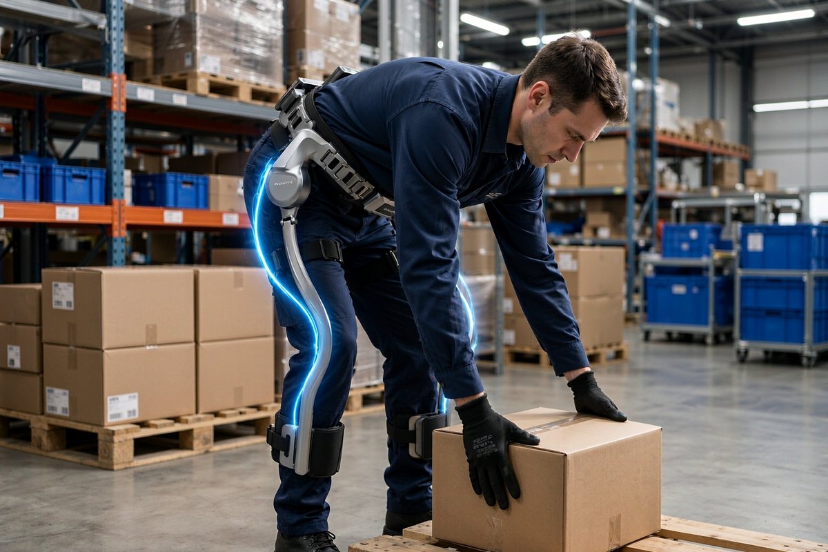 Warehouse operator lifting a carton with REUDYN Hip X26 hip lift assist